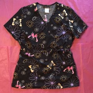 Cherokee Butterflies Flowers Sketches Scrub Top Size Medium y